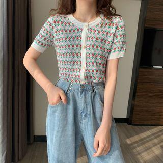 Short-sleeve Patterned Knit Top Red & Pink Flower - White - One Size