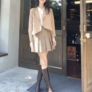 Blazer / Lace Trim Blouse / Pleated Mini A-line Skirt