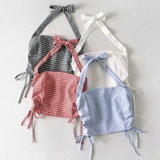 Halter-neck Drawstring Check Camisole Top