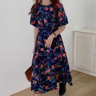 Puff-sleeve Flower Printed Dress As Shown In Figure - One Size
