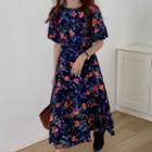 Puff-sleeve Flower Printed Dress As Shown In Figure - One Size