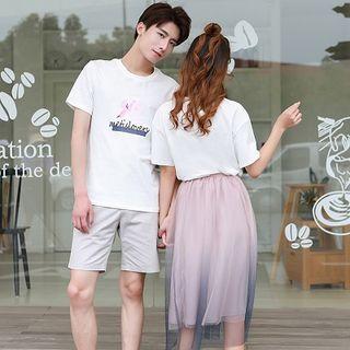 Women Set: Short-sleeve Print T-shirt + Midi Mesh Skirt / Men Set: T-shirt + Shorts