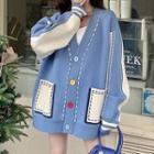 Contrast Button Cardigan Blue - One Size