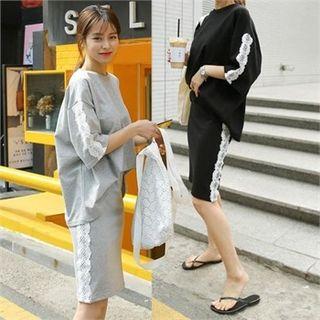 Set: Lace-trim T-shirt + Band-waist Skirt