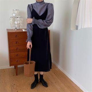 Puff-sleeve Mock Two-piece Mock-neck Midi Dress