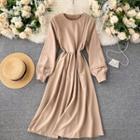 Round-neck Puff-sleeve Plain Dress
