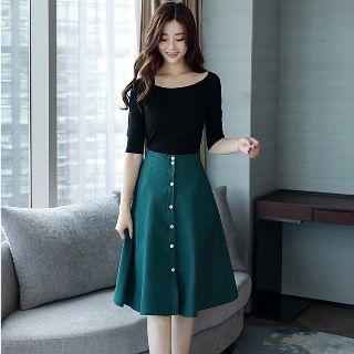 Set: Elbow-sleeve Cutout Top + Buttoned A-line Skirt