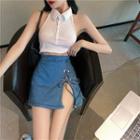 Collared Halter-neck Cropped Tank Top / Lace-up Denim Mini Pencil Skirt