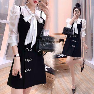 Set: Puff-sleeve Tie-neck Blouse + Bow Pinafore Dress