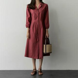 Notched-lapel 3/4-sleeve Shirtdress