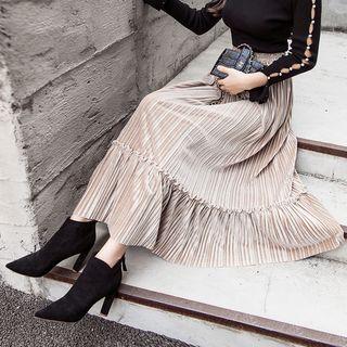 Frill Trim Pleuche Midi A-line Skirt