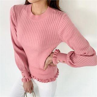 Bishop-sleeve Frilled Rib Knit Top