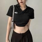 Short-sleeve Letter Embroidered Cutout Crop Polo Shirt Black - One Size