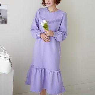 Laced Ruffled Midi Sweatshirt Dress