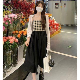 Set: Plain Shawl + Spaghetti Strap Check Dress