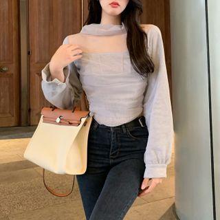 Turtleneck Mesh Trim Panel Crop Top