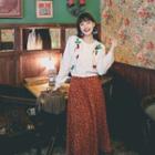 Embroidered Cardigan / Floral Corduroy Midi A-line Skirt / Set