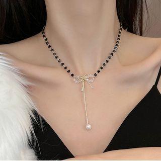 Bow Faux Crystal Faux Pearl Pendant Alloy Necklace
