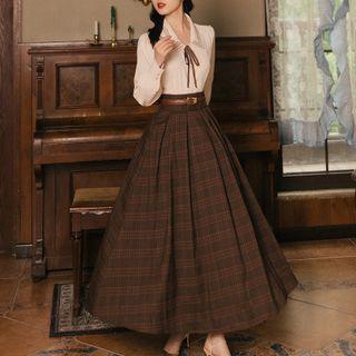 Set: Puff-sleeve Contrast Trim Shirt + Plaid Midi A-line Skirt