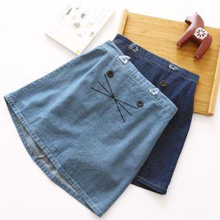 Embroidered Cat A-line Denim Skirt