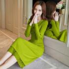 Long-sleeve Knit Drawstring Lace Trim Midi A-line Dress
