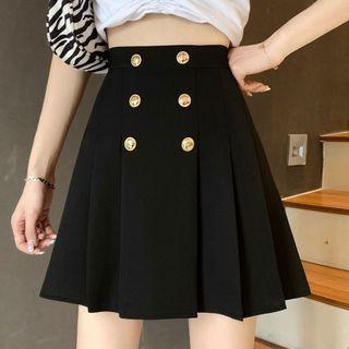 High-waist Double-breasted Pleated Skirt