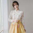 Set: Hanbok Top (floral / Pink) + Skirt (midi / Mustard Yellow)