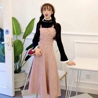 Contrast Trim Flared-sleeve Knit Top / Corduroy Midi Pinafore Dress