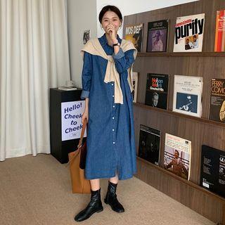 Denim Midi A-line Shirtdress With Shawl Denim Blue - One Size