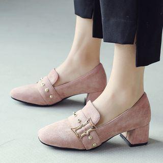 Rhinestone Belt Accent Block Heel Loafers