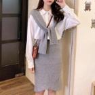 Long-sleeve Mock Two-piece Shirt / Fitted Knit Skirt