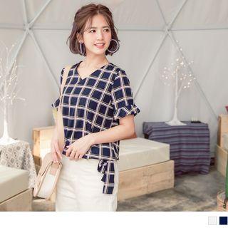 V-neck Check Ruffle Sleeve Chiffon Top