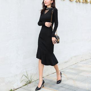 Faux Pearl Ruffle Hem Midi Knit Dress