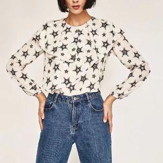 Long-sleeved Floral Print Frill Top