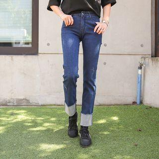 Hidden Band-waist Frayed Straight-cut Jeans