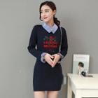Long-sleeve Embroidered Lettering Knit Dress