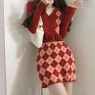 V-neck Argyle Knit Cardigan / Argyle Mini Skirt