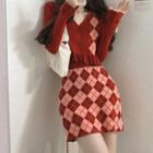 V-neck Argyle Knit Cardigan / Argyle Mini Skirt