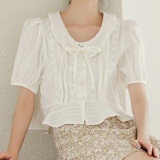 Short-sleeve Tie-neck Ruffle-hem Cropped Blouse