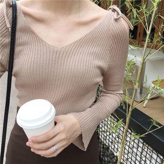 Plain V-neck Off-shoulder Bell-sleeve Knit Top