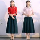 Embroidered Elbow-sleeve Hanfu Top / Midi A-line Skirt / Set