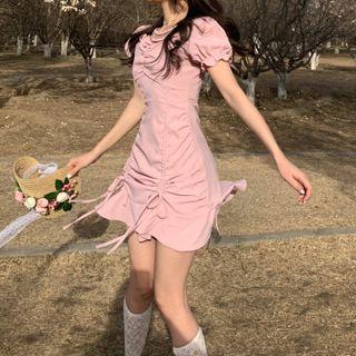 Puff-sleeve Plain Drawstring Mini A-line Dress