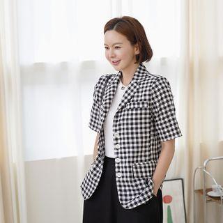 Short-sleeve Single-breasted Gingham Blazer