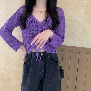 V-neck Plain Knit Drawstring Cropped Top