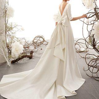 Elbow Sleeve Open Back Bow Detail Satin Wedding Gown