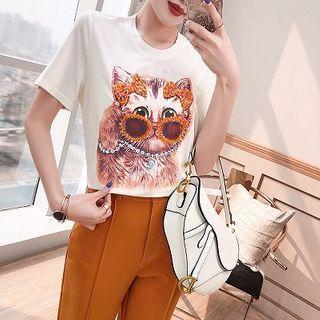 Set: Cat Print Short-sleeve T-shirt + Cropped Dress Pants