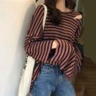 Striped Long-sleeve Cut Out T-shirt