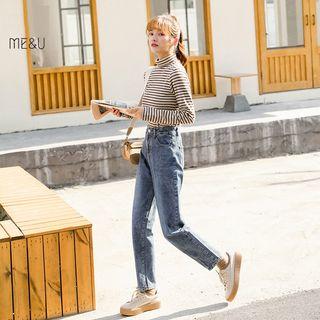 Set: Mock Neck Long-sleeve T-shirt + Crop Straight Fit Jeans