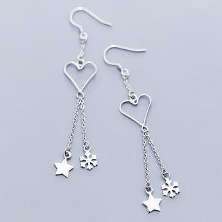 925 Sterling Silver Star & Snowflake Drops Wire Heart Earring Silver - One Size