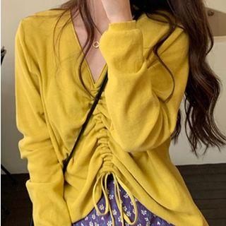 Drawstring Long-sleeve Knit Top / Flower Print Midi A-line Skirt